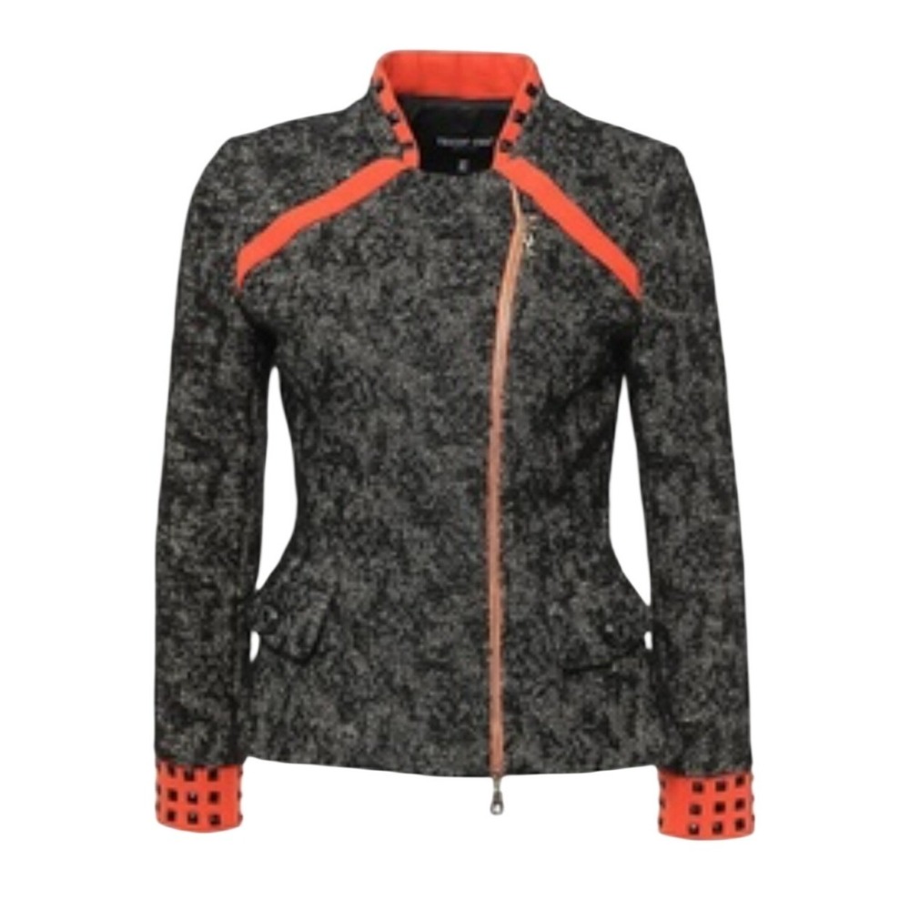 Tricot Chic Italy Linen Wool‎ Blend Studded Moto Blazer Jacket Orange Black 6 42